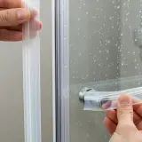 Applicazione guarnizione per box doccia ante scorrevoli. Dettaglio mani che inseriscono la guarnizione trasparente.