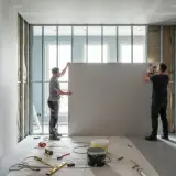 Due operai montano una parete in cartongesso su una struttura metallica. L'ambiente è in fase di costruzione, con materiali e attrezzi a terra.