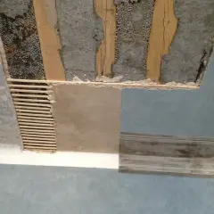 Soffitto in fase di ristrutturazione: travi a vista, intonaco grezzo e una parte già pitturata. Dopo l'intonaco posso pitturare il resto.