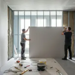 Due operai montano una parete in cartongesso su una struttura metallica. L'ambiente è in fase di costruzione, con materiali e attrezzi a terra.