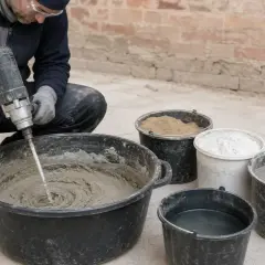 Operaio prepara malta bastarda con trapano in un cantiere, con secchi di sabbia, cemento e acqua.