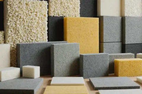 Pannelli di schiuma di varie forme e colori, ideali per l'isolamento acustico.
