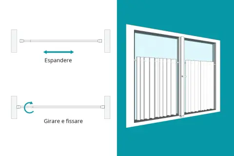 Istruzioni per il montaggio tende: espandere il bastone, girare e fissare. Tende bianche su finestra.