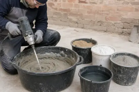 Operaio prepara malta bastarda con trapano in un cantiere, con secchi di sabbia, cemento e acqua.