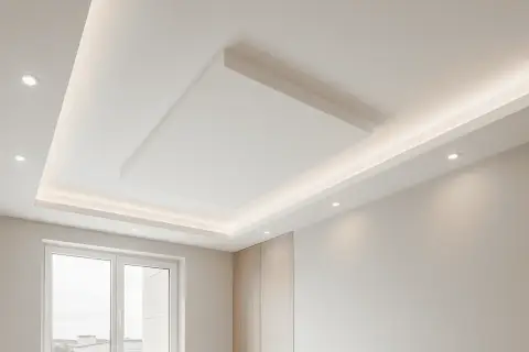 Soffitto moderno con doppia struttura cartongesso, illuminazione a LED integrata e faretti incassati.