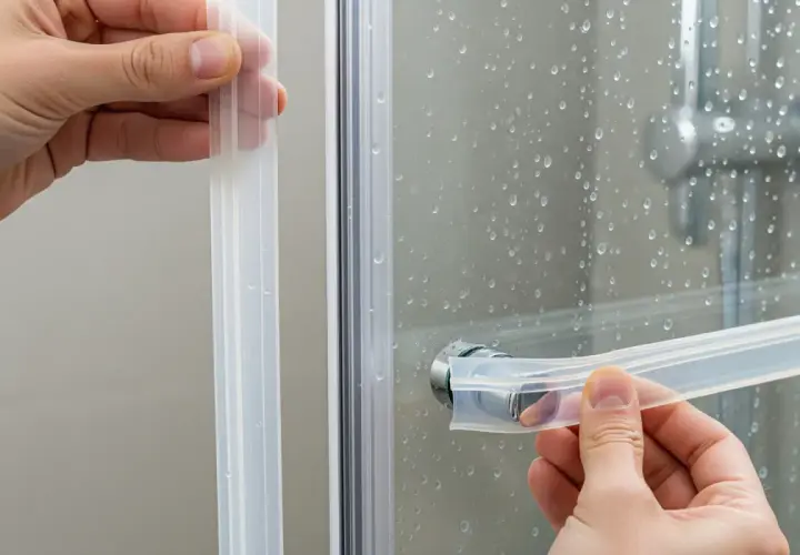 Applicazione guarnizione per box doccia ante scorrevoli. Dettaglio mani che inseriscono la guarnizione trasparente.