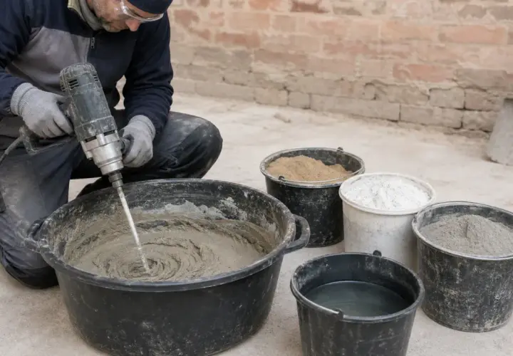 Operaio prepara malta bastarda con trapano in un cantiere, con secchi di sabbia, cemento e acqua.