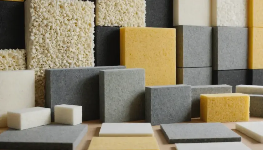 Pannelli di schiuma di varie forme e colori, ideali per l'isolamento acustico.