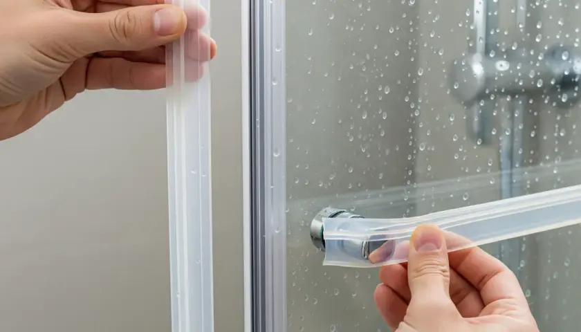 Applicazione guarnizione per box doccia ante scorrevoli. Dettaglio mani che inseriscono la guarnizione trasparente.