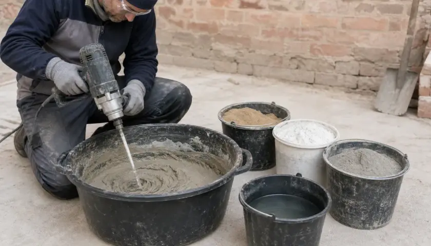 Operaio prepara malta bastarda con trapano in un cantiere, con secchi di sabbia, cemento e acqua.