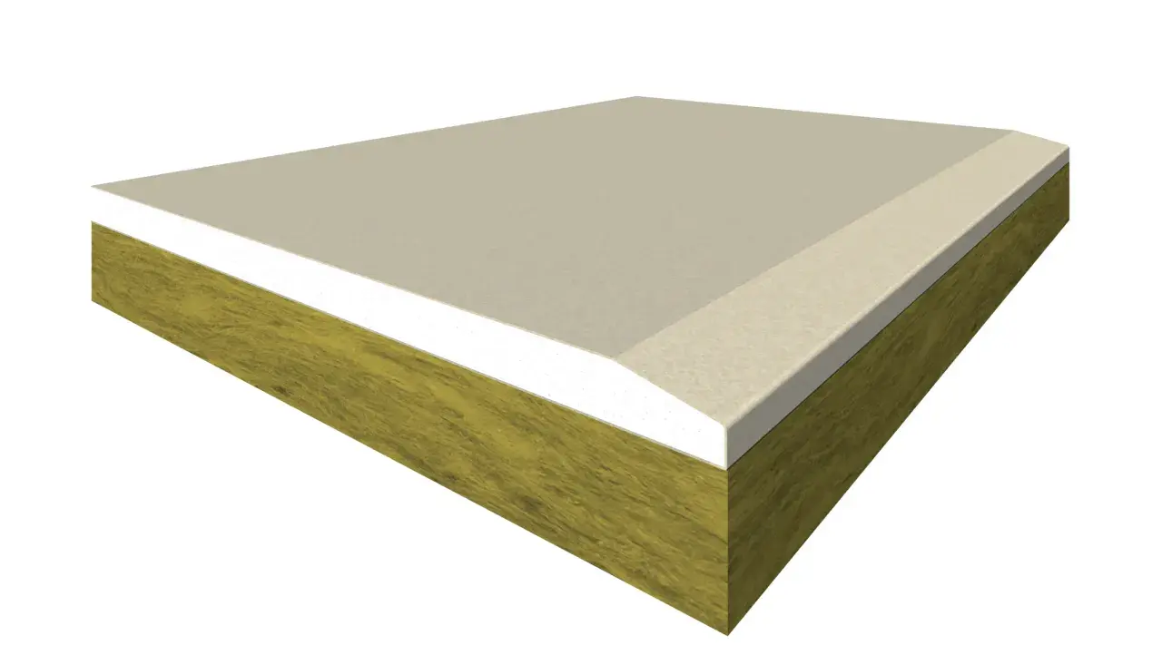 Sezione di un controsoffitto in cartongesso con isolamento in lana di roccia, per un'ottima performance termica e acustica.