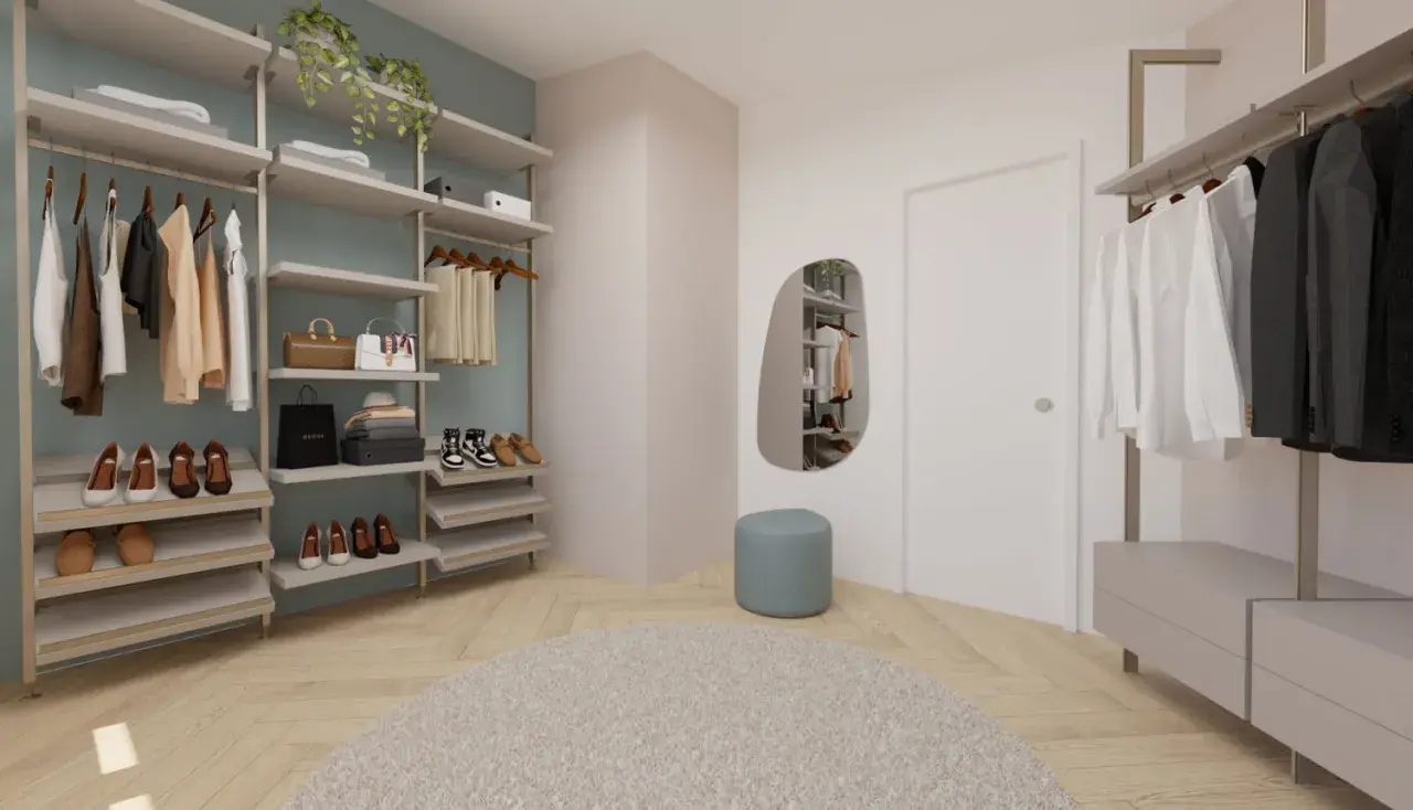 Organizzazione e stile: ecco come costruire una cabina armadio funzionale con scaffali, appendiabiti e scarpiere.