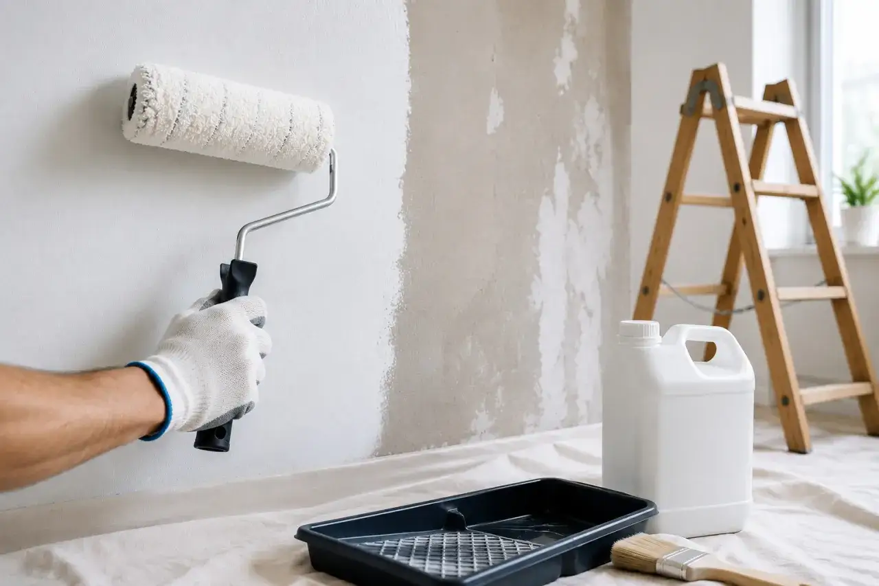 Mano guantata stende fissativo con rullo. Dopo quanto si può pitturare? Attrezzatura da pittura a terra.