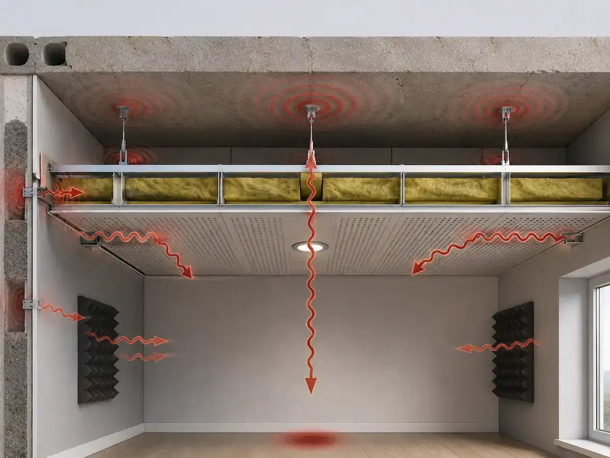 Illustrazione di una stanza con pannelli fonoassorbenti e controsoffitto isolato, che mostra la correzione acustica e la riduzione del riverbero sonoro.