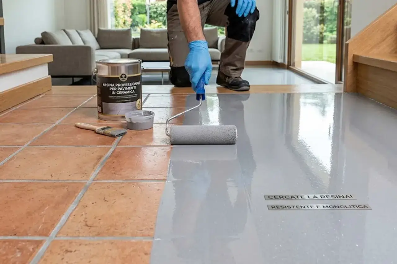 Applicazione di smalto per pavimenti in resina su piastrelle. Valutare smalto per pavimenti pro e contro per un risultato moderno e resistente.