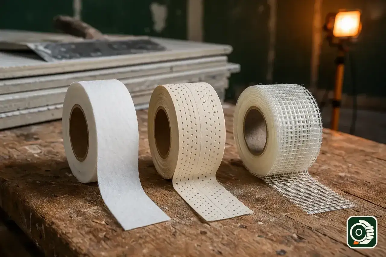 Rotoli di nastro per cartongesso, uno in tessuto, uno forato e uno a rete, pronti per essere usati come la carta vetrata per rifinire le pareti.